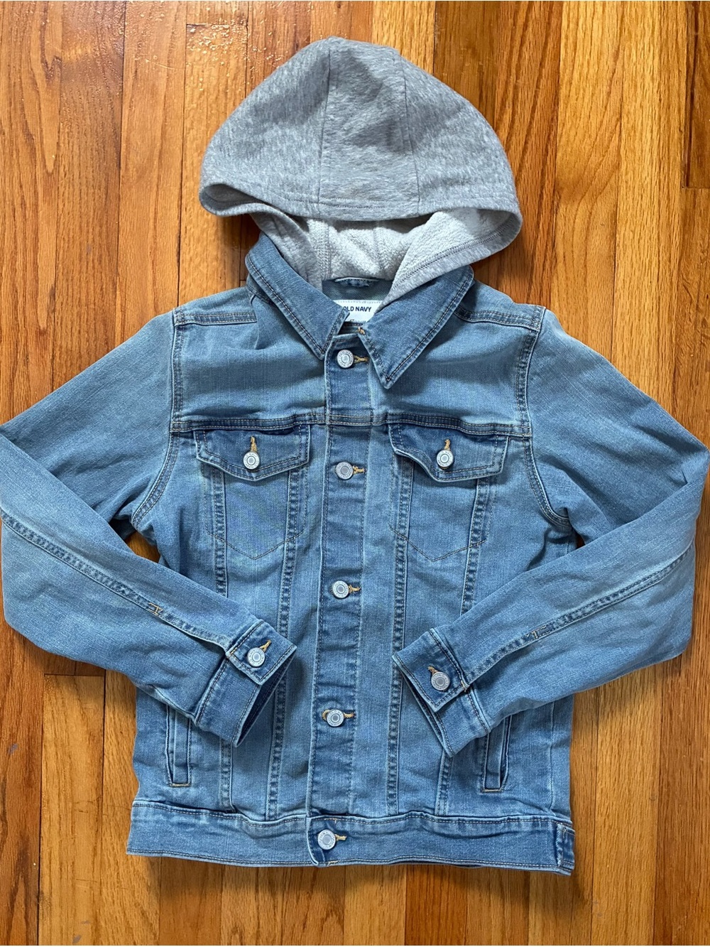 Old Navy Blue Light Wash Denim Button Jacket Gray Fleece Hood Kids XL 14/16